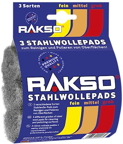 RAKSO Stahlwolle, DIY Polier & Schleifpads fein, mittel, grob - 3 Pads, Schleifschwämme für Holz, Farbe, Metall, Reinigung und Politur