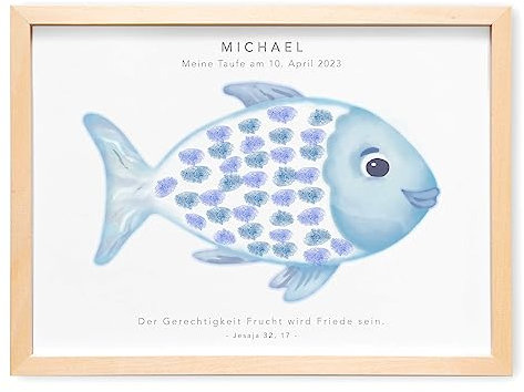 DEL MÀ Unique & Personal Gästebild Taufe Fingerabdruck Gäste Bild Gästebuch personalisiert Mädchen Jungen mit Fisch Taufgeschenk Geschenk (mit und ohne Bilderrahmen) (Blau)