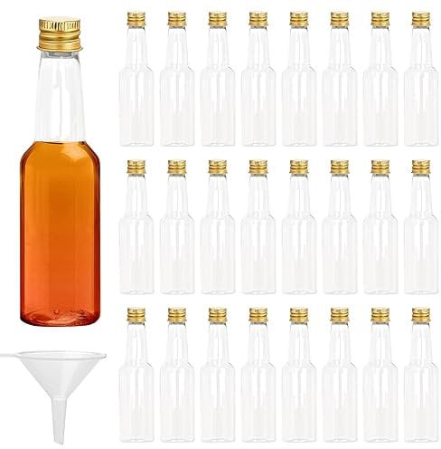 24 PCS Mini Botellas Vacías para Licor 100ml Botellas de Plástico para Licor con Tapa Botella de Vino Pequeña con 1 Embudo, Botellas de Alcohol, Botellas de Salsa para Bodas y Fiestas (Oro Tapa)