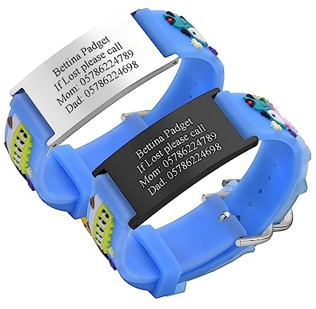 Notfallarmband SOS Armband Kinder Personalisierte - 2 Stück Individuelle Edelstahl Tag & Blau Cartoon Silikonband Sicherheitsarmband für Mädchen Jungen Kleinkind Anti-Verlust Notfall Armband Armbänder