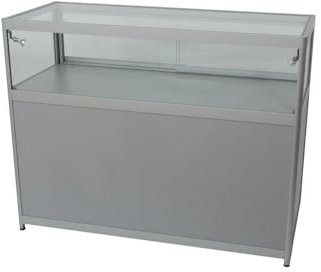 goodsforbusiness Glas Thekenvitrine mit LED-Beleuchtung und Unterschrank B120xH94xT50cm, Verkaufsvitrine Aluminium grau, Ladentheke 3 Ebenen,