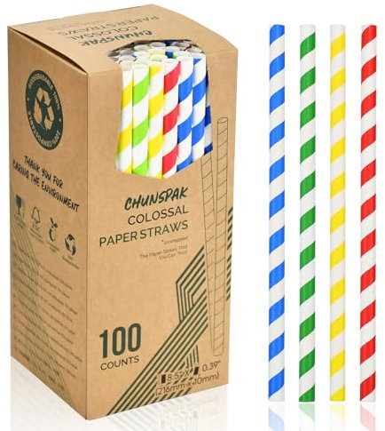 Lot de 100 pailles en papier de 216 x 10 mm de large, à rayures colorées, pour smoothie et milkshake, papier résistant à 4 plis, peut durer au moins une heure