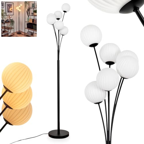 Stehleuchte Bernado, Stehlampe aus Metall/Riffelglas in Schwarz/Weiß, Leuchte im modernen Retro/Vintage-Design mit Schirmen aus Glas (Ø 12 cm), dimmbar über Fußschalter, 6 x G9, ohne Leuchtmittel