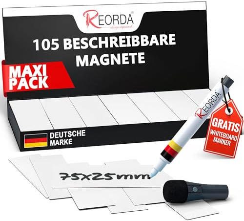 Reorda® Magnetstreifen beschreibbar - 105 Stück - 75x25mm (+ Stift) | Wiederbeschreibbar, beschreibbare Magnete für Whiteboard, Kanban, Magnettafel - beschriftbare Magnete für den Kühlschrank