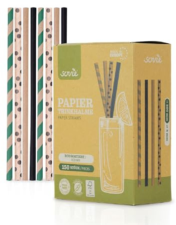 Mank Trinkhalme aus Papier, Papiertrinkhalme, Papier, Pappe Strohhalm Umweltfreundlich, Robust & Vielseitig einsetzbar, Strohhalme (150, ECO Punkte-farbig-Streifen, Ø 8 mm / 20 cm)