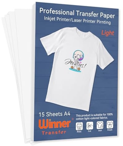 WinnerTransfer Professional Heat Transfer Paper Light Color A4 15 Sheets Cotton T-Shirt Printing Iron on Transfers for Inkjet and Laser Printer(WT-H-L-15)