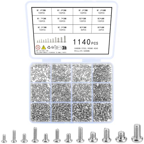 woshilaoDS 1140 Pièces Micro Vis de Réparation, Petites Vis, Mini Vis à Tête Cylindrique, Vis pour Lunettes, Kit de Vis à Tête Ronde pour Ordinateur Portable électronique, M1.4 M1.6 M1.7 M2 M2.5 M3