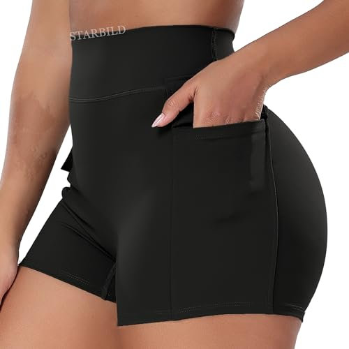 STARBILD Damen Sport Shorts mit Taschen Scrunch Butt, High Waist Leggings Kurze Push Up, Sommer Workout Hotpants für Gym Fitness Yoga, Mit Taschen - Schwarz S