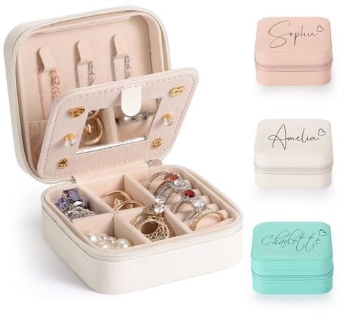 SPETYORT Personalisierte Schmuckschatulle für Mädchen, kleine Reise Schmuckkästchen mit Herz und Namen, Mini-Schmuckschatulle mit Spiegel, Brautjungferngeschenke, Geburtstagsgeschenke für Frauen