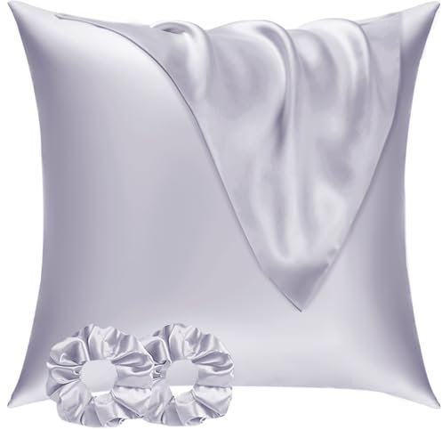 Vielit Satin Kissenbezug 80x80 2er Set & 2 Haargummis, Satin Kopfkissenbezug 80x80 Lila, Weich wie Seidenkissenbezug 80x80,Bessere Pflege als Silk Pillosecase,Kissenhülle Kissenbezug für Haar und Haut