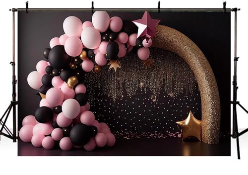 MEHOFOND Toile de fond pour photographie d'anniversaire de filles de 2,1 x 1,5 m, arche dorée, ballons noirs, roses, étoiles, portrait, fête prénatale, gâteau, décoration de fête d'anniversaire,