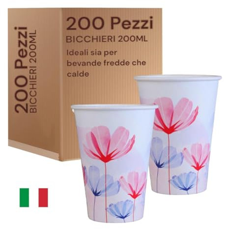Mecup Bicchieri in Carta, Bicchieri Monouso, 200 Pezzi, Tazza Caffè 200 ml, Usa e Getta, Per Bevande Calde e Fredde, Design Elegante, Igienici, Biodegradabili, Fantasia Floreale
