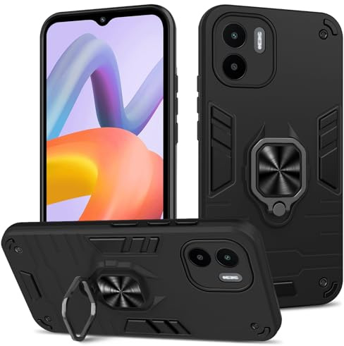 Btstring Hülle kompatibel mit Xiaomi Redmi A2/A1, Militär Standard Stoßfest Handyhülle Case Hybrid Metall Ring Halter Schutzhülle Handy Hüllen Cover -Schwarz