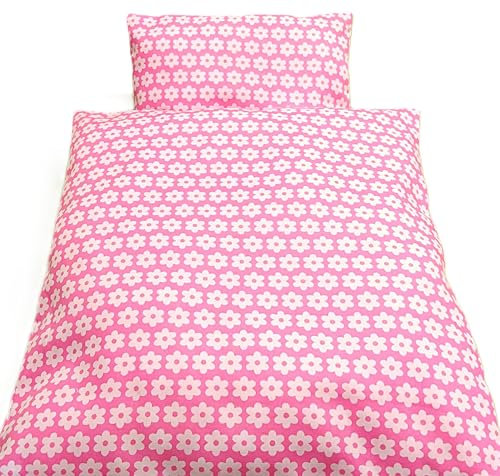 Bettwäsche für Puppenbett, 2 teiliges Set Design: rosa, Sternchendruck, genäht aus Baumwollstoff.