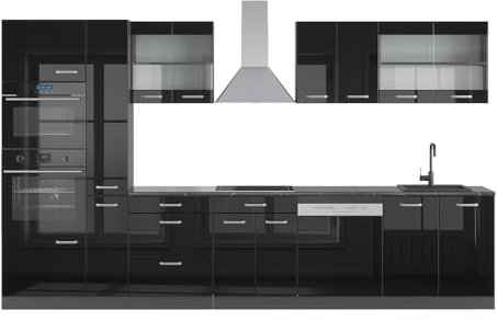 Vicco Küchenzeile R-Line, Schwarz Hochglanz/Anthrazit, 350 cm mit Hochschrank, AP Anthrazit
