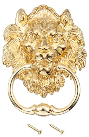 sourcing map 1 Pcs Lion Head Pulls Knob, 6 Inch Zinc Alloy Vintage Lion Door Handle Decorative Front Door Knob Ring Pull Handle for Gate Cabinets Drawers, Gold