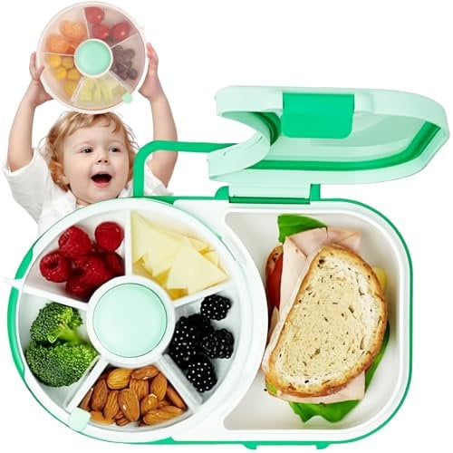 Bewinner Kinder Snackbox mit Fächern und Deckel, Multifunktionale Baby Snack Spinner mit Tragbarem Box Set, Sicher Versiegelter Snackteller für Kleinkinder, Zuhause (Grün)
