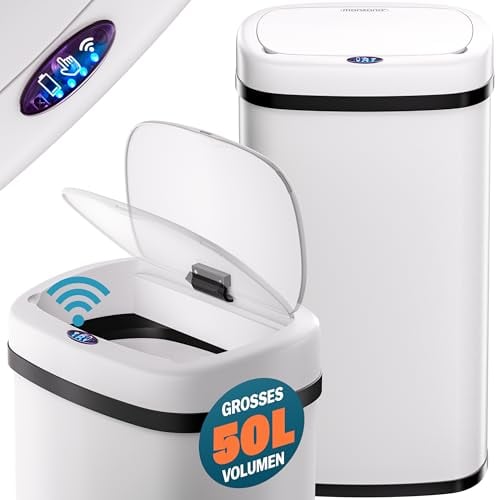 Monzana® Poubelle automatique 50L acier inoxydable capteur mouvement anneau couvercle câble USB affichage LED poubelle de cuisine bureau blanc