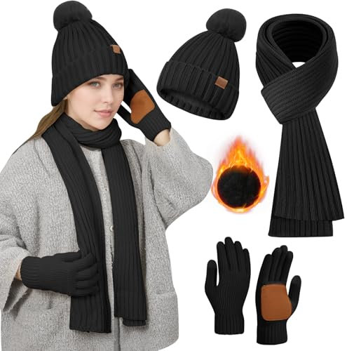 Schwarz Mütze, Schal & Handschuh-Sets für Damen, Schal und Mütze Damen Set Winter Mütze Schal Handschuhe Set Damen Mütze mit Schal Damen, Bommel Mütze Schal Touchscreen Handschuhe Winterset Damen