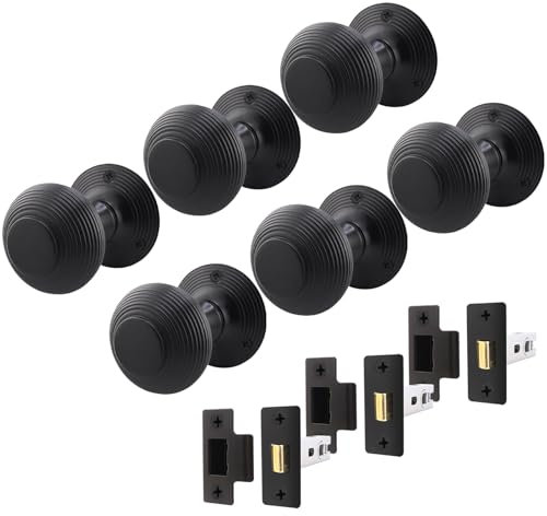 EAI Beehive Reeded Black Door Knob Set | 3 Pairs of Matt Black Mortice Knobs (55mm) & Latch (76mm) for Internal Doors