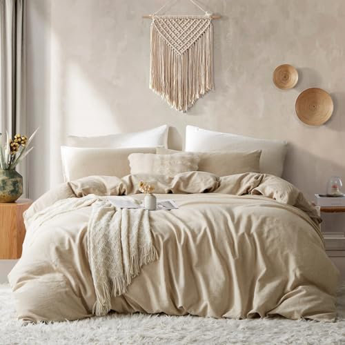Sedefen Leinen Bettwäsche 135x200 cm aus 55% Baumwolle und 45% Leinen Oeko-TEX Bettwäsche Beige mit Reißverschluss, Bettbezug und 1 Kissenbezug 80x80 cm