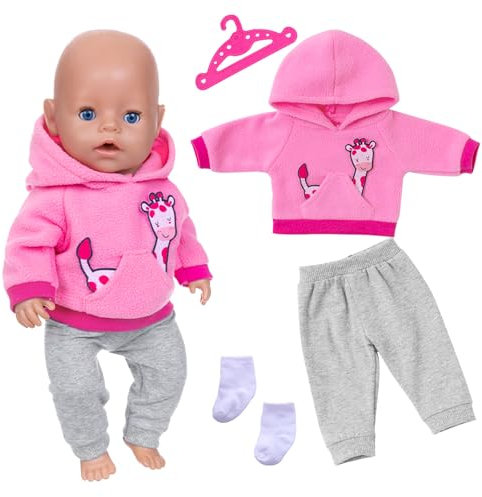 Puppenkleidung, Baby Puppen 35-46 cm Kleidung für New Born Baby Puppen Junge und Mädchen, 1 Giraffen-Hoodie + 1 Graue Hose + 1 Paar Weiße Socken + 1 Kleiderbügel, Pink Kleidung Geschenke für Kinder