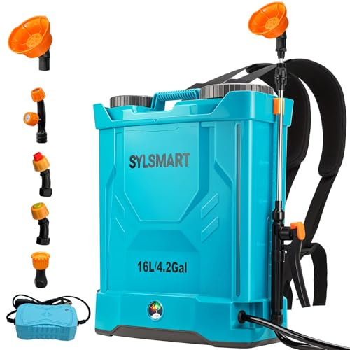 Sylsmart Battery Powered Backpack Sprayer 4 Gallon, 120PSI Adjustable Pressure & Lightweight Electric Sprayer, Garden Weed Yard Lawn Sprayer with 5 Spray Nozzles