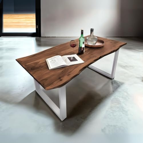 Bett11 Esstisch 120x80 cm nussbaumfarben, Akazienholz massiv 26mm, U-Gestell Silber, Baumkantentisch aus Holz, Casa Massiva