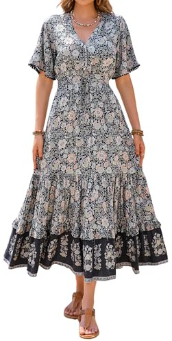 R.Vivimos Femmes D'été Cou en V Manches Courtes Robe Bohème Robe Florale A Ligne Robe Longue Plage(S,SmokeBlack)