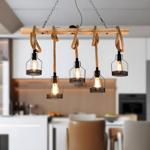 LAMPLAY Retro-Kronleuchter, 110cm Langer Lampenmast Aus Holz + Natürliches Hanfseil + 5 Lampenschirme Aus Metall, Höhenverstellbare Pendelleuchte, Esszimmer Industrie-Bar Büro(Ohne E27-Glühbirnen)