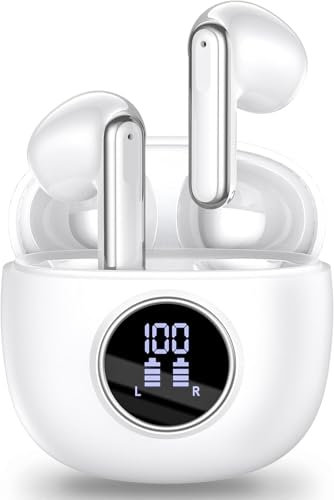 Luckyrao Wireless Earbuds, Bluetooth 5.4 Earphones In Ear with 4 HD microphone, 40H Playtime, HIFI Stereo In Ear Headphones, IPX7 Waterproof Bluetooth Earbuds, LED Display, USB-C, Sport/Work/White
