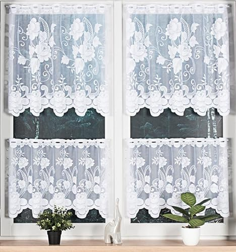 Gardinen Vorhangen Weiß Jacquard 100x50 cm (BxH) Wenecja Scheibengardinen mit Elegantem Blumenmuster Pflegeleicht und Einfach Zu Hängen Küche und Wohnzimmer