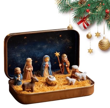Mini Weihnachtskrippe Set in Blechdose - Tragbares Little People Krippen-Set mit Heiliger Familie, Schaffiguren für Zuhause, Schreibtisch, Büro Dekor