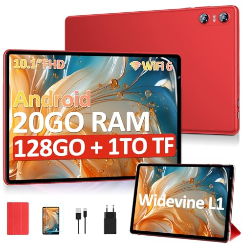 Tablet 10 Pollici Android con 20 GB RAM + 128 GB ROM(Espandibile Fino a 1 TB), Widevine L1, Octa-Core, Wi-Fi 6, Bluetooth 5.0, Fotocamera 8MP + 5MP, 6000mAh, Tablet con custodia protettiva, Rosso