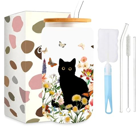 Leseogye Negro gato vaso con tapa y pajita, taza de café, vasos de café de vidrio dulce con pajita cepillo de taza, regalos para los amantes del gato 16oz