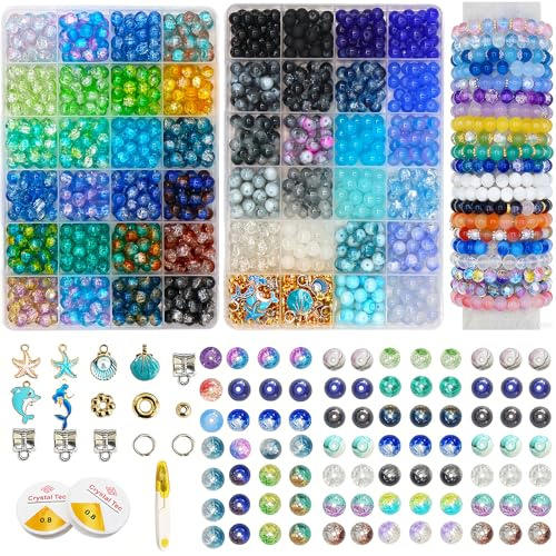 Juego de cuentas de cristal de 8 mm, 1190 piezas, 48 compartimentos, cuentas redondas de cristal multicolor para enhebrar, cuentas para pulseras, cuentas de cristal craqueladas, juego de cuentas para
