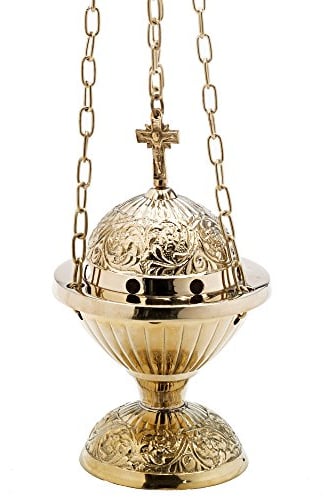 NKlaus Rauchfass mit Kreuz Kette 70cm Weihrachschwenker Innenschale Messing Gold 7621