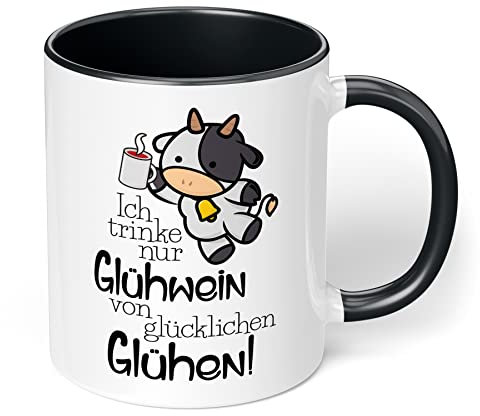 Lustige Keramik-Tasse „Ich trinke nur Glühwein von glücklichen Glühen“ – 330ml - Kaffeebecher mit Spruch - Geschenke für Kollegen und Mitarbeiter Büro Arbeit Weihnachten (Schwarz)