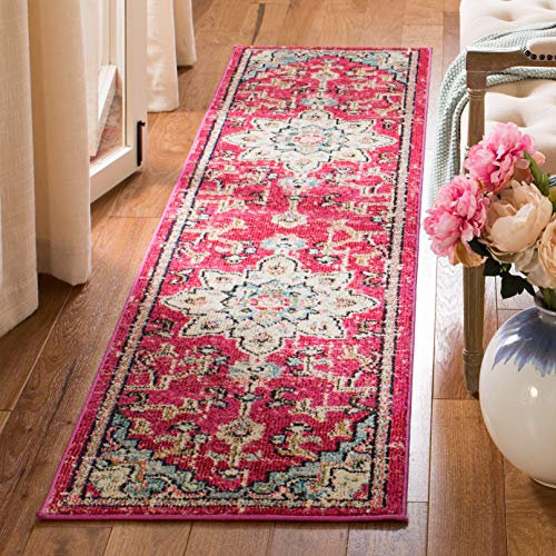 SAFAVIEH Distressed Teppich für Wohnzimmer, Esszimmer, Schlafzimmer - Madison Collection, Kurzer Flor, Fuchsia und Blau, 61 X 244 cm