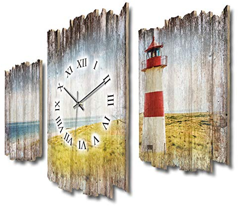 Kreative Feder Dreiteilige Designer-Wanduhr Leuchtturm Shabby-Chic Landhaus-Stil leise Funkuhr ohne Ticken 95x60cm aus Holz (Leuchtturm, leises Funkuhrwerk)