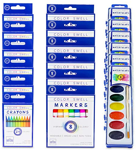 Color Swell Art Mixed Pack (6 waschbare Marker, 6 Aquarellfarben, 6 Buntstifte), perfekt für Familien, Klassenzimmer und Partys
