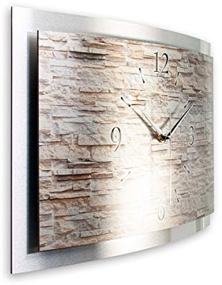 Kreative Feder 3D Designer-Wanduhr in modernem Metallic-Design; leise Wanduhr wahlweise Funk oder Quarz mit glänzendem Motiv in Zwei Größen (Stein, 50x30cm; leises Quarzuhrwerk)