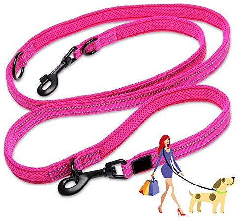 Dog Lead Hands Free Dog Leash,Double Ended Dog Training Lead, Multifunctional Strong Nylon Reflective Rope for Running Walking Hiking Biking for Large Dogs Or Medium Dogs,Pink,M