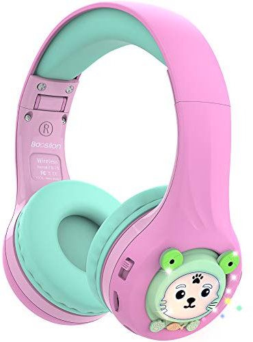 Riwbox Baosilon FB-7S Kids Headphones Bluetooth, LED Light Up Foldable Over Ear Volume Limited Safe 75/85/95dB with Mic and TF-card, Children Headphones for School (Pink&Green)