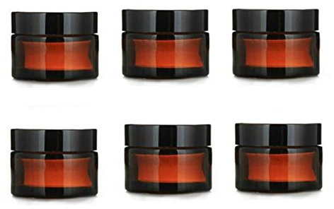 VASANA Lot de 6 pots à cosmétiques en verre ambré avec doublure intérieure blanche et couvercles noirs - Conteneur parfait pour lotions et crèmes pour le visage, lotion