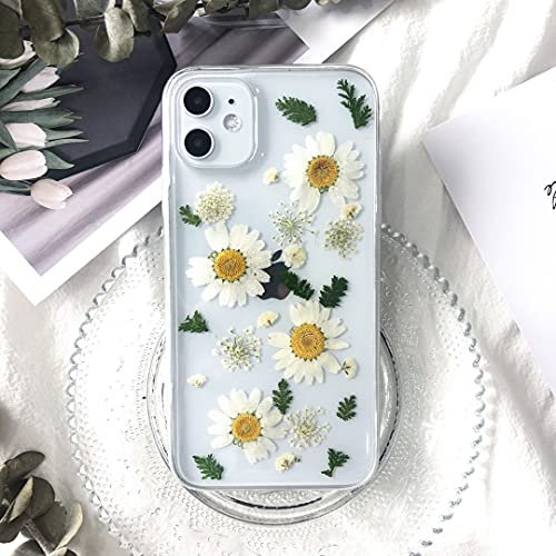 Tybiky iPhone 11 Case for Apple iPhone 11 Transparent Rubber Case Dried Flowers Handmade Protective Cover for Apple iPhone 11 White Flowers Green Leaves