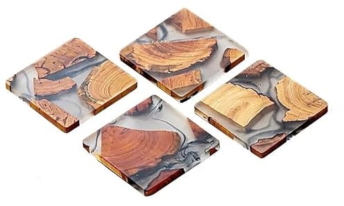 Untersetzer aus epoxidharz mit Holz für Gläser Becher Tassen - Epoxidharz Holz Untersetzer eckig - 4er Set - Deko Tischuntersetzer - Glasuntersetzer Holz/Epoxidharz Dekoration