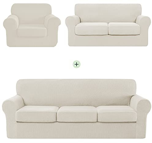 CHUN YI Stretch-Sofa-Schonbezug-Set für Couch, Zweisitzer und Sessel, Couch-Schonbezug mit separatem Kissen, Sofabezug-Set für 1-, 2-, 3-Sitzer (Elfenbeinweiß/Creme, Bezüge für Sofa, Zweisitzer und
