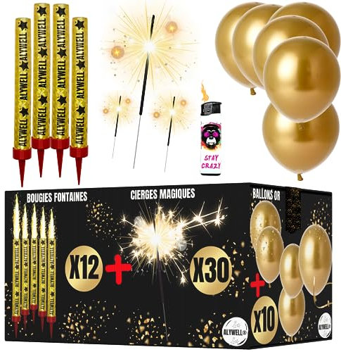 12 Bougie Fontaine 12 CM-45/50 Seconde + 30 Cierge Magique + 1 Briquet Bougie Anniversaire Fontaine + 10 Ballons Or - Feu D Artifice Mariage- Bougies Fontaine - Feu Bengale- Fontaine Lumineuse Gateau