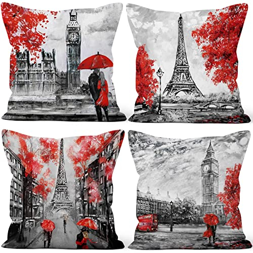 Aoihrraan Kissenbezüge 4er Set, Eiffelturm Big Ben Muster Wurfs Kissen Abdeckungs Roter Romantischer Baum Regenschirm Weicher Kurzer Plüsch Quadrat Kissenbezug für Couch Auto Stuhl Wohnkultur 50x50cm